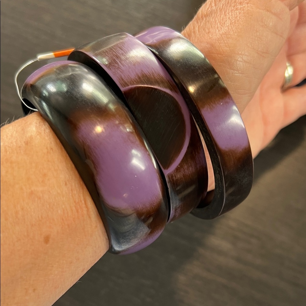 Purple and Brown Women's Bangle Bracelet Set of 3 Carved